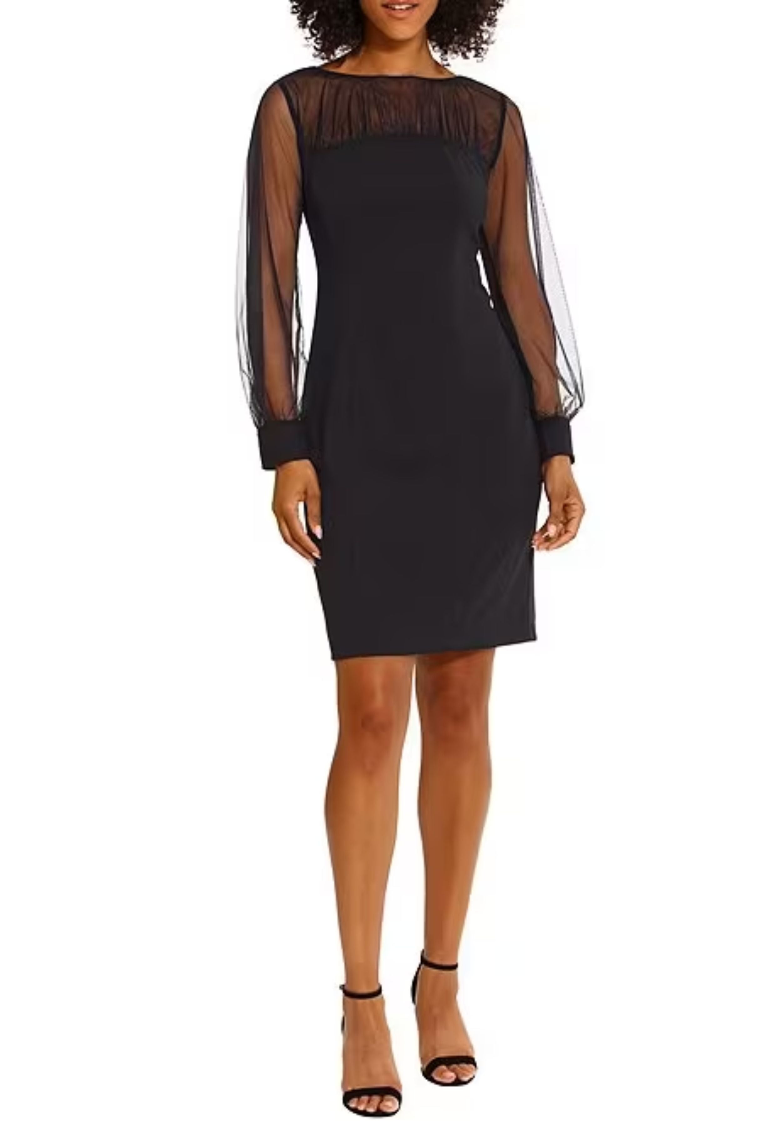 Long Sleeve Illusion Neckline Black Floral Print Rhinestone Detail Scuba Crepe Mesh Dress by Maggy London G5892M