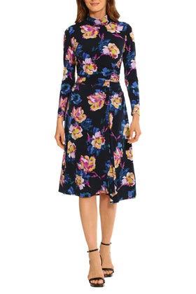 Maggy London G5915M Floral Long Sleeve Mock Neck Midnight Navy Floral Print Ruched Jersey Dress