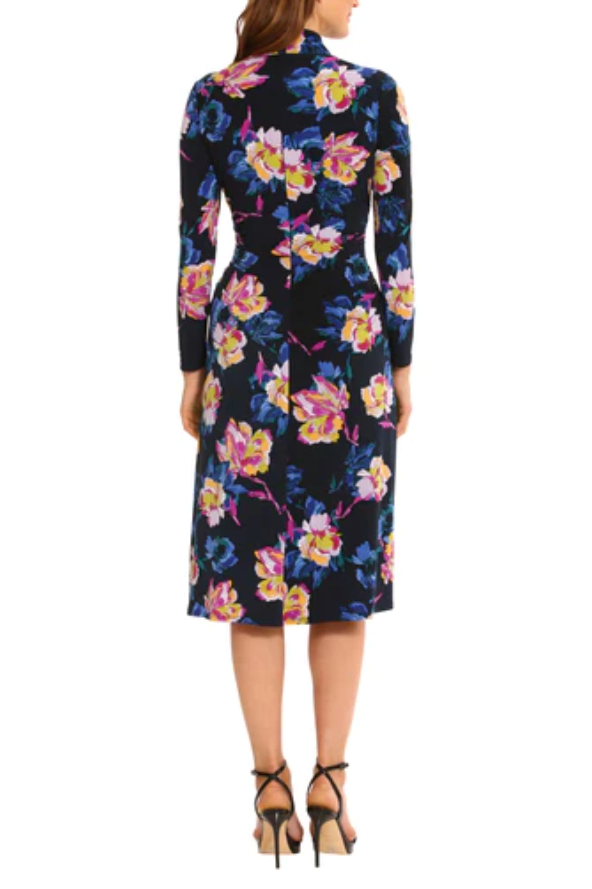 Floral Long Sleeve Mock Neck Midnight Navy Floral Print Ruched Jersey Dress by Maggy London G5915M