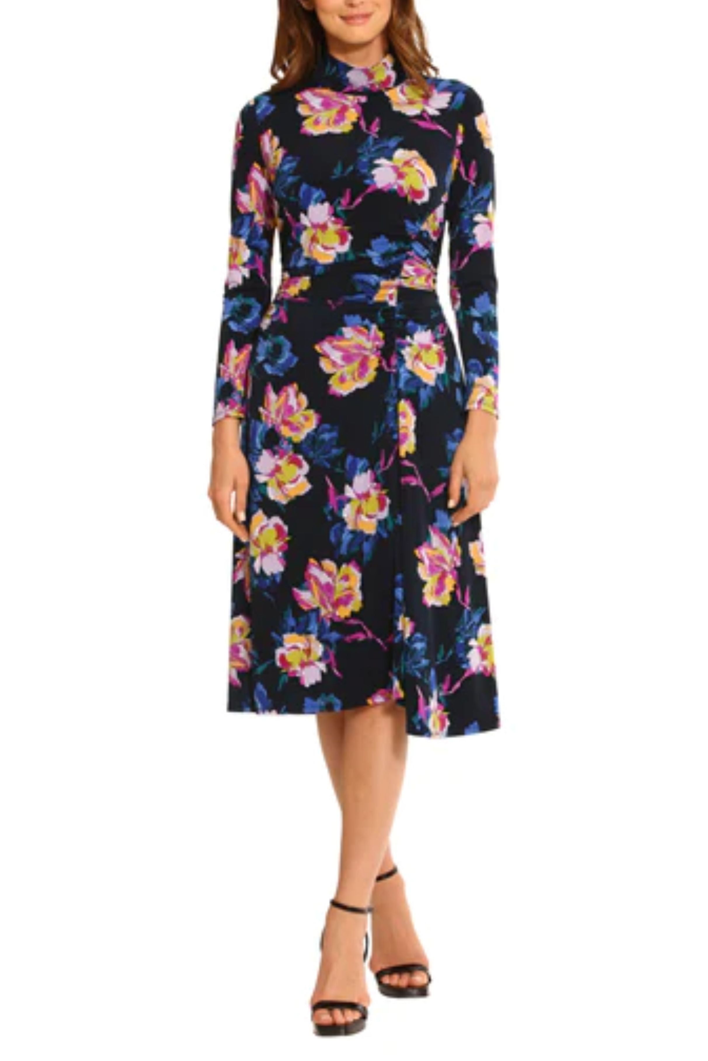 Floral Long Sleeve Mock Neck Midnight Navy Floral Print Ruched Jersey Dress by Maggy London G5915M