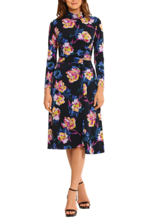 Floral Long Sleeve Mock Neck Midnight Navy Floral Print Ruched Jersey Dress by Maggy London G5915M