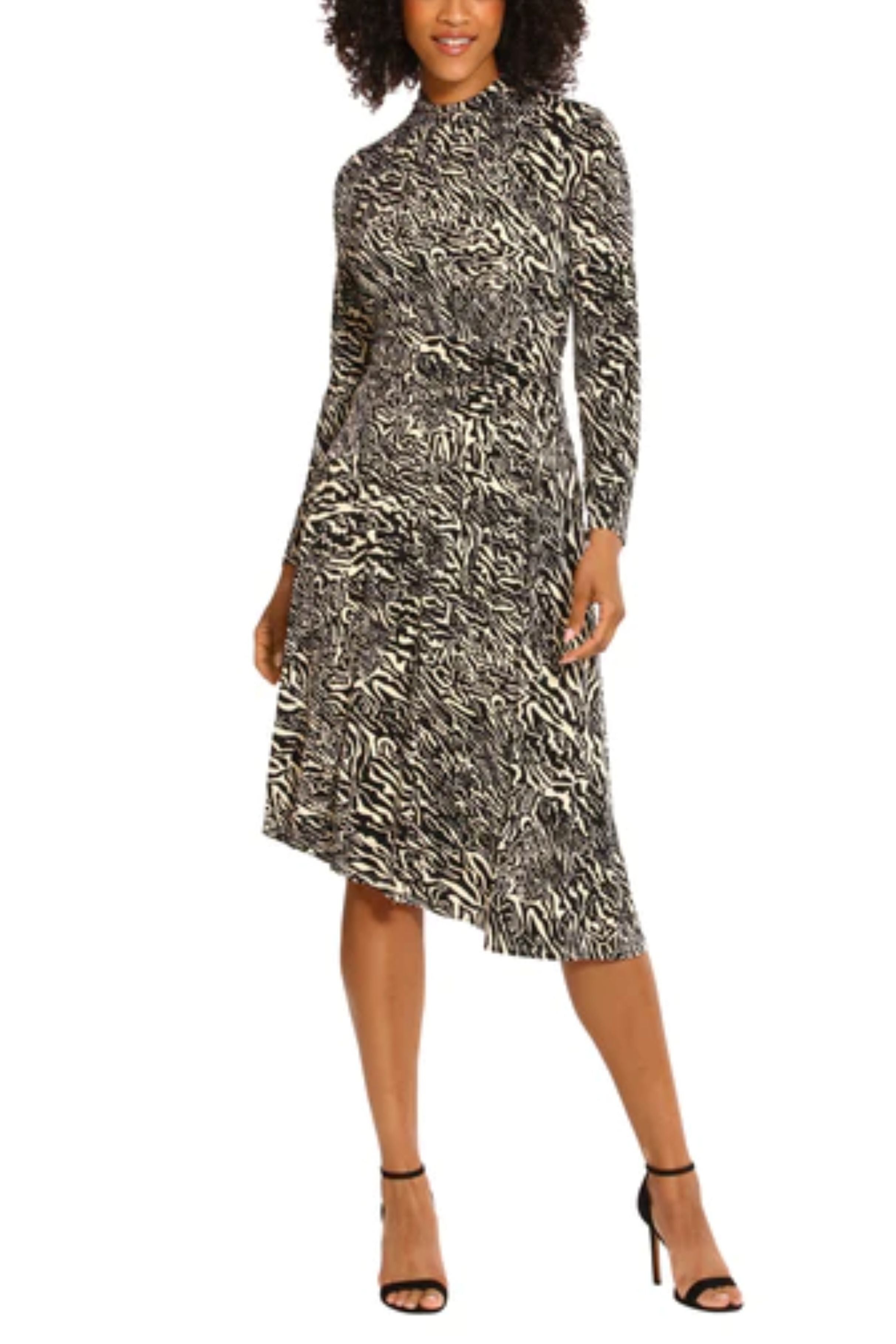 Animal Print Mock Neck Charcoal Cream Long Sleeve Ruched Jersey Dress by Maggy London G5977M