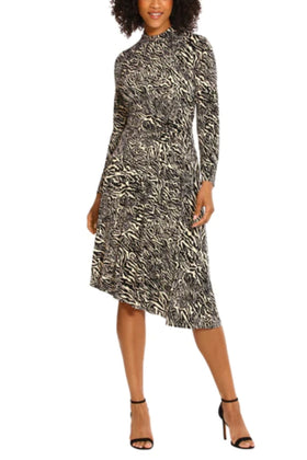 Maggy London G5977M Animal Print Mock Neck Charcoal Cream Long Sleeve Ruched Jersey Dress