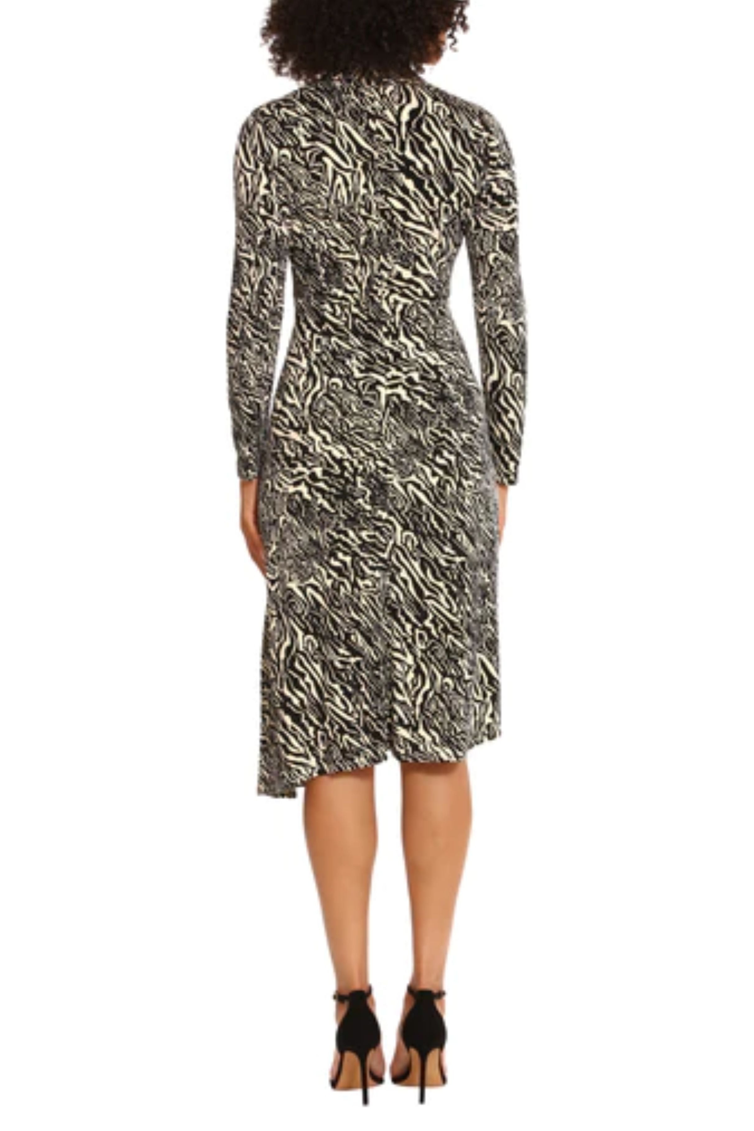 Animal Print Mock Neck Charcoal Cream Long Sleeve Ruched Jersey Dress by Maggy London G5977M