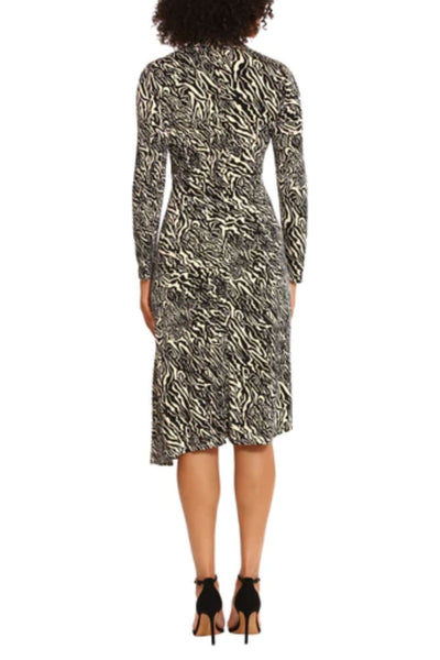 Animal Print Mock Neck Charcoal Cream Long Sleeve Ruched Jersey Dress by Maggy London G5977M