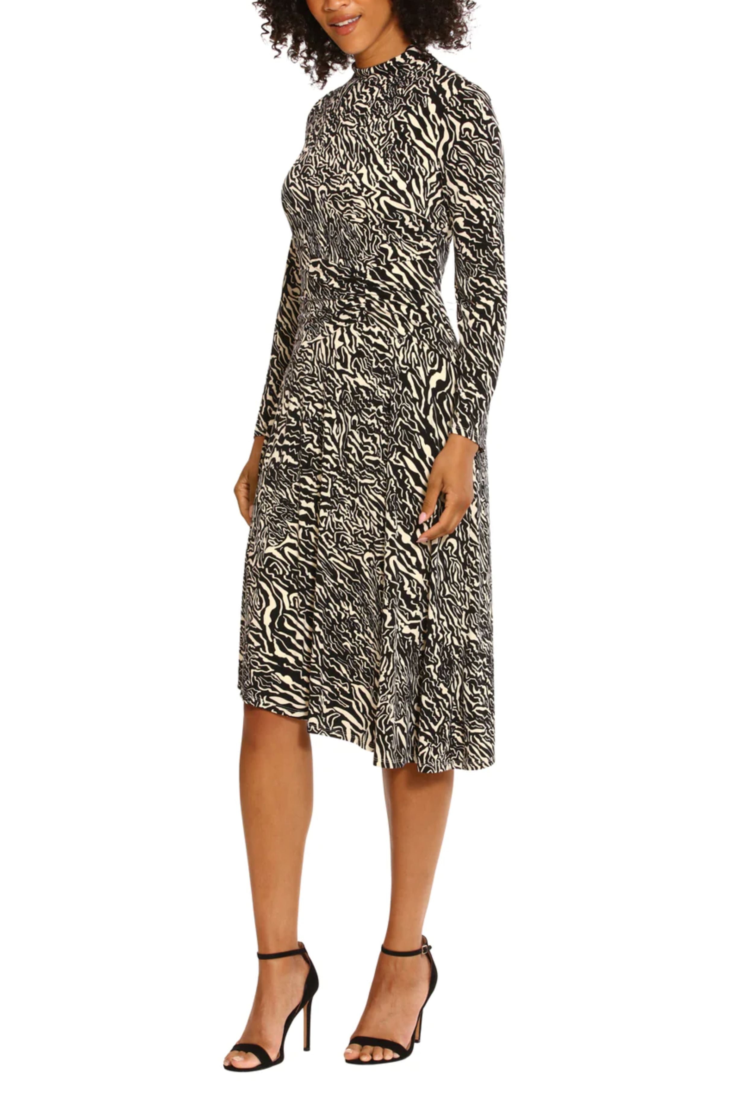 Animal Print Mock Neck Charcoal Cream Long Sleeve Ruched Jersey Dress by Maggy London G5977M