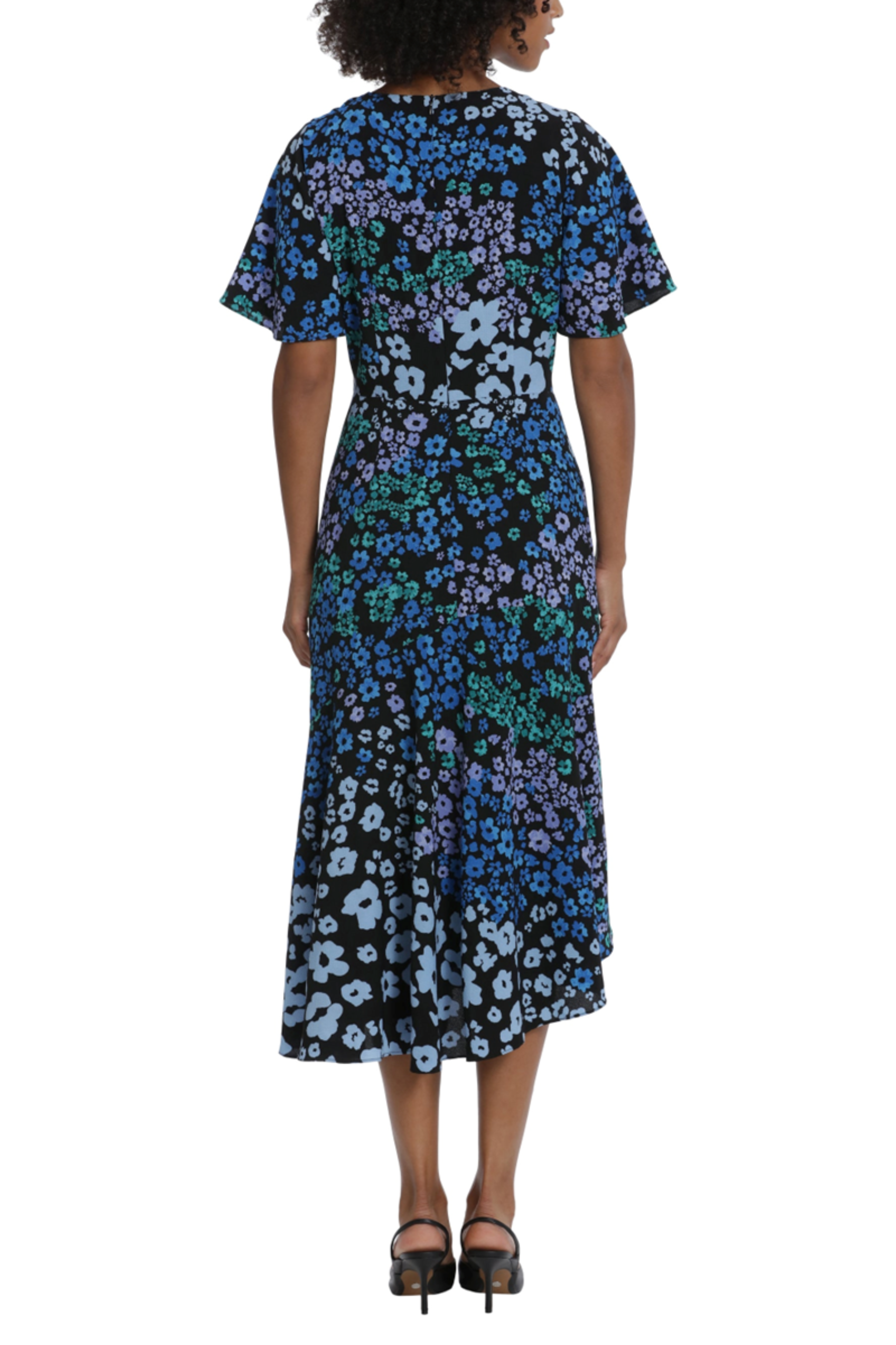 Floral Asymmetrical Tiered Black Blue Crew Neckline Short Flutter Sleeve Floral Print Pleated Midi Dress by Maggy London G6042M