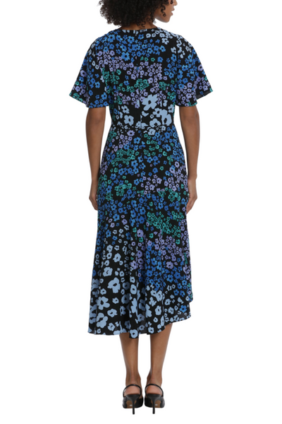 Floral Asymmetrical Tiered Black Blue Crew Neckline Short Flutter Sleeve Floral Print Pleated Midi Dress by Maggy London G6042M
