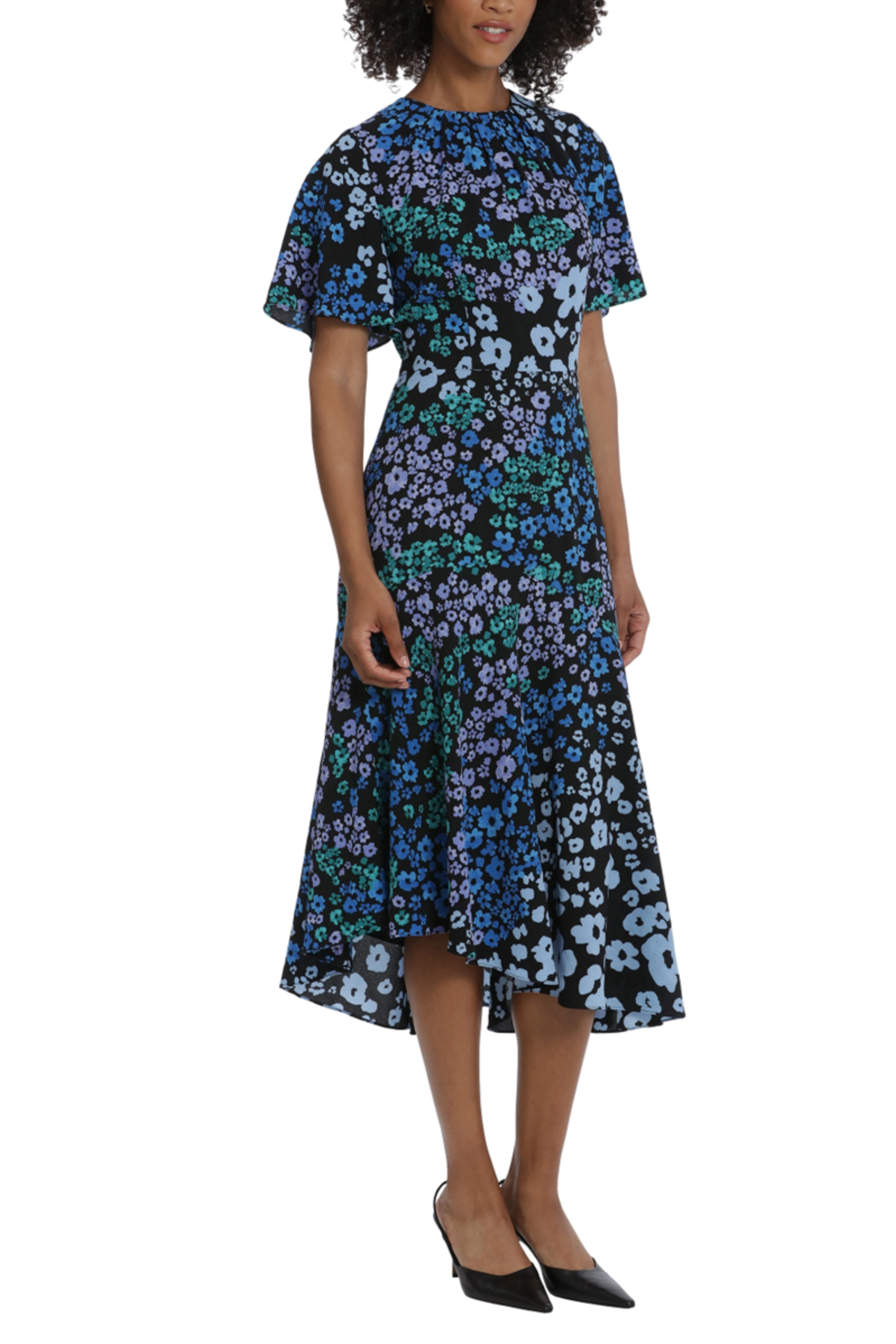 Floral Asymmetrical Tiered Black Blue Crew Neckline Short Flutter Sleeve Floral Print Pleated Midi Dress by Maggy London G6042M