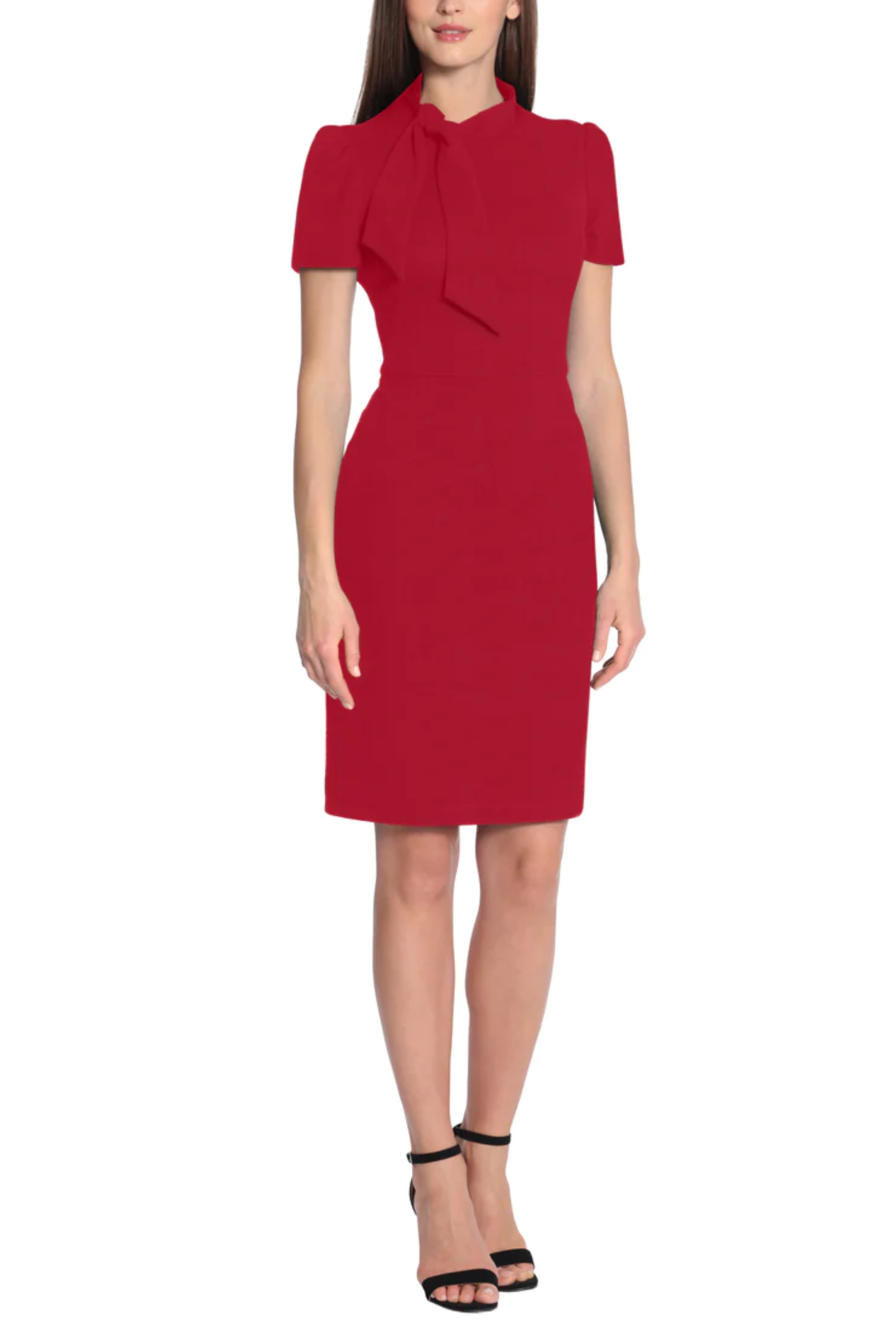 Short Sleeve Tie Neck Dark Navy and Red Mock Neck Spandex Jacquard Sheath Dress by Maggy London GT145M