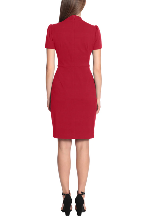 Short Sleeve Tie Neck Dark Navy and Red Mock Neck Spandex Jacquard Sheath Dress by Maggy London GT145M