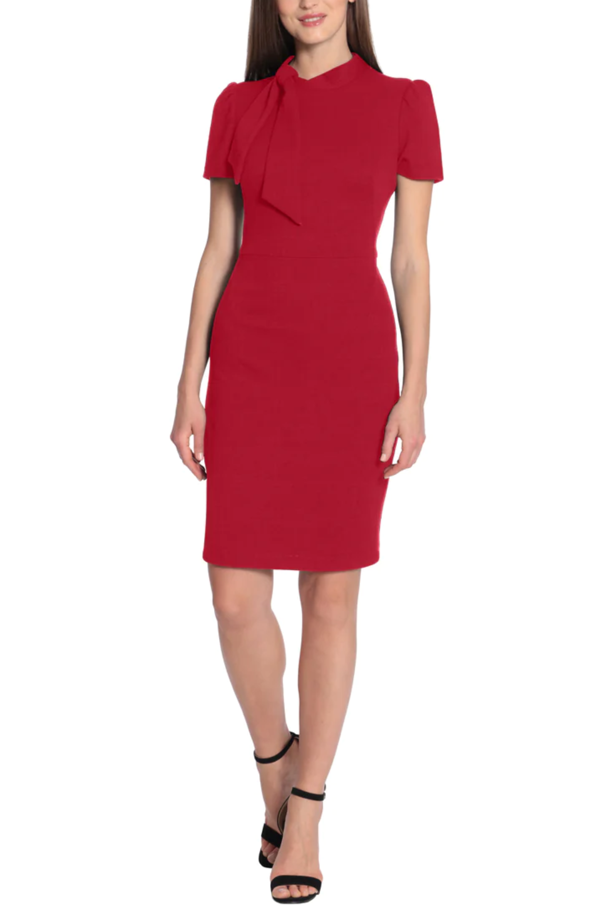 Short Sleeve Tie Neck Dark Navy and Red Mock Neck Spandex Jacquard Sheath Dress by Maggy London GT145M