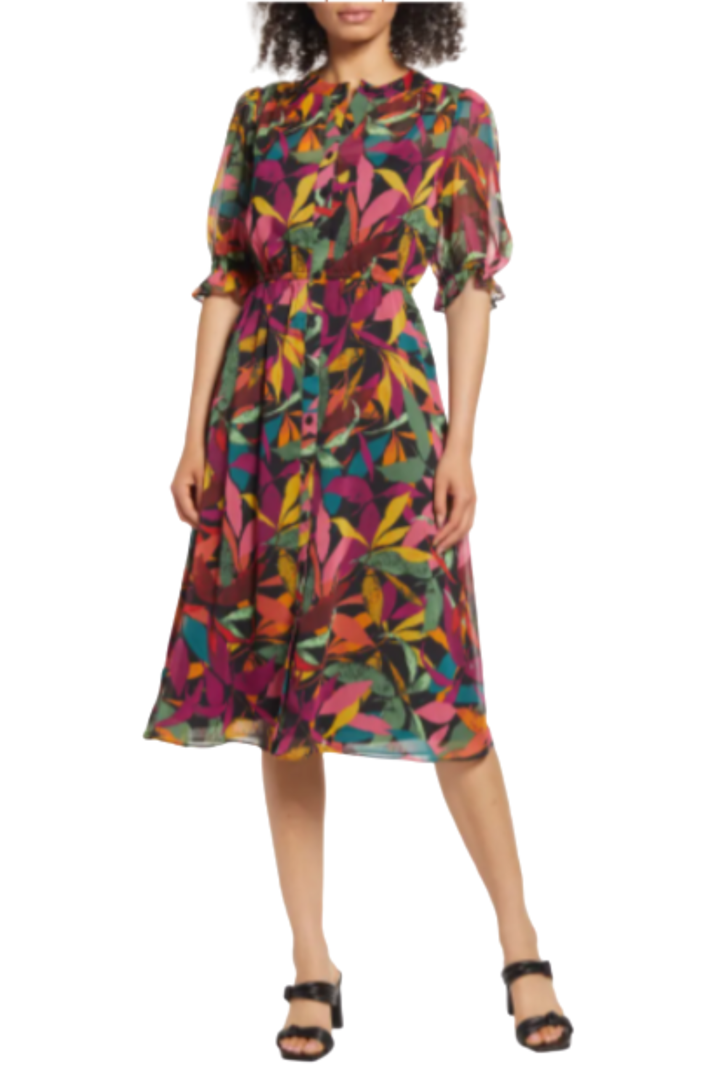 Button Down Leaf Print Sheer Black Grape Round Neckline Crinkle Chiffon Dress by Maggy London GT470M
