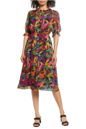 Maggy London GT470M Button Down Leaf Print Sheer Black Grape Round Neckline Crinkle Chiffon Dress