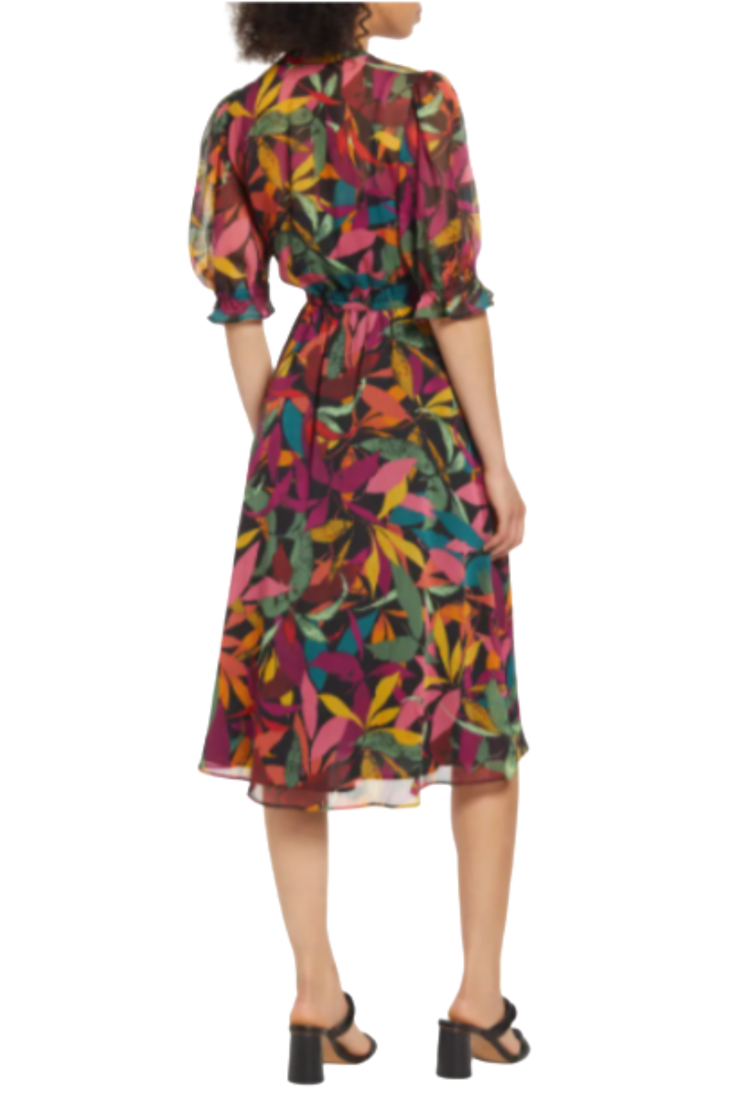 Button Down Leaf Print Sheer Black Grape Round Neckline Crinkle Chiffon Dress by Maggy London GT470M