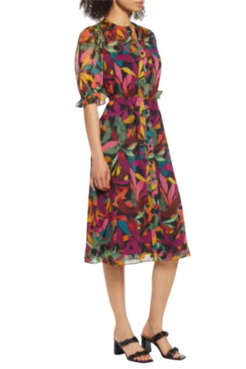 Button Down Leaf Print Sheer Black Grape Round Neckline Crinkle Chiffon Dress by Maggy London GT470M