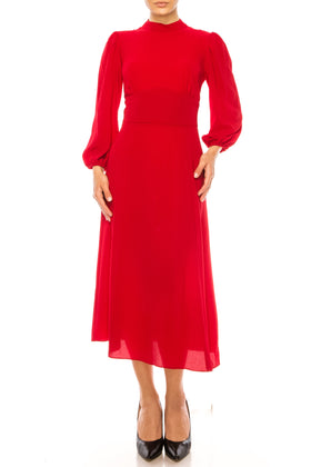 Maggy London GT502M Long Sleeve Mock Neck Cranberry Long Balloon Sleeve Bubble Crepe Midi Dress