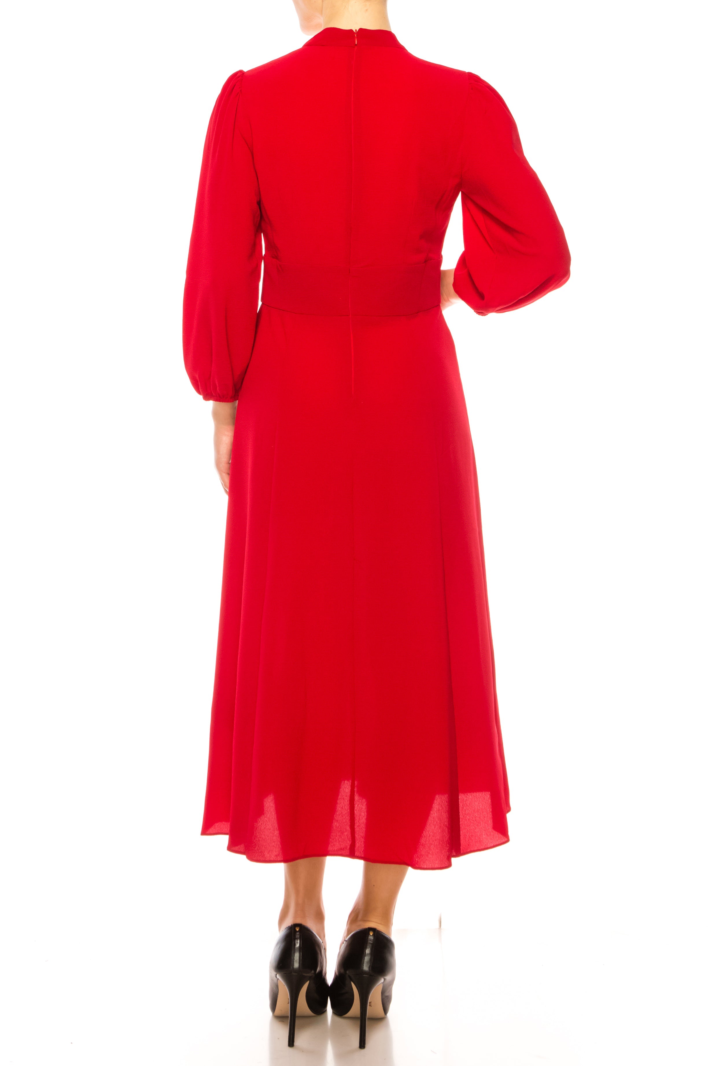 Long Sleeve Mock Neck Cranberry Long Balloon Sleeve Bubble Crepe Midi Dress by Maggy London GT502M