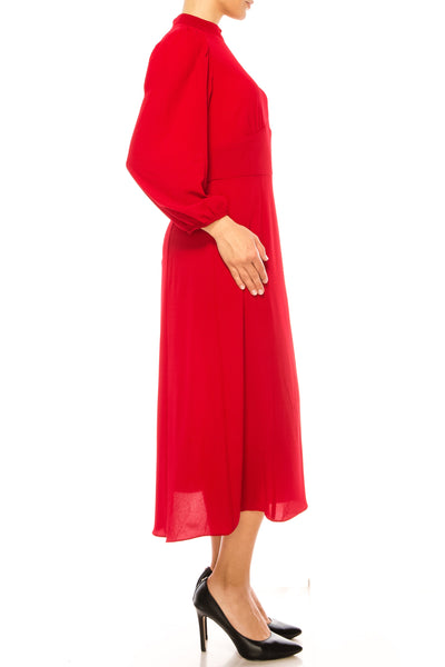 Long Sleeve Mock Neck Cranberry Long Balloon Sleeve Bubble Crepe Midi Dress by Maggy London GT502M