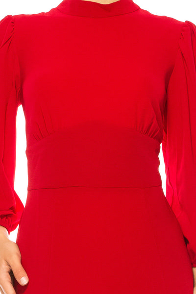 Long Sleeve Mock Neck Cranberry Long Balloon Sleeve Bubble Crepe Midi Dress by Maggy London GT502M