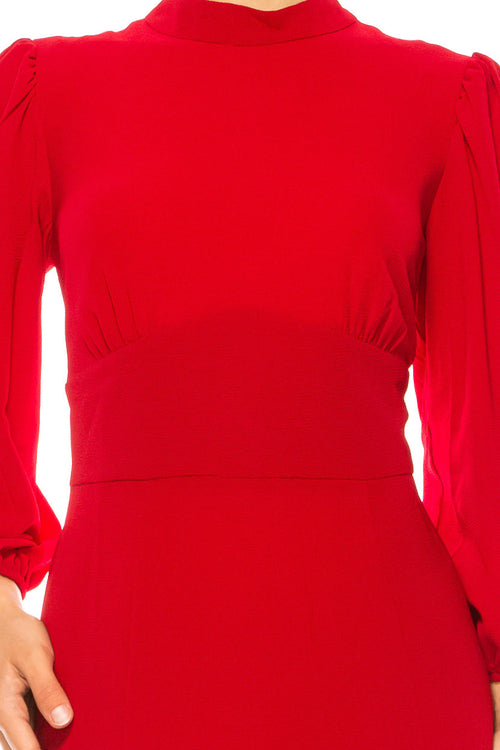 Long Sleeve Mock Neck Cranberry Long Balloon Sleeve Bubble Crepe Midi Dress by Maggy London GT502M