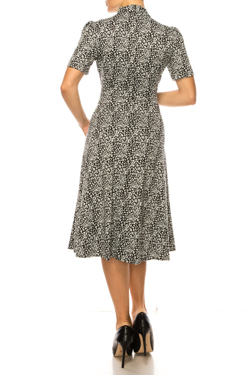 Tie Neck Fit and Flare Print Black White Mock Neck Short Sleeve Side Tie Knit Dress by Maggy London GT506M