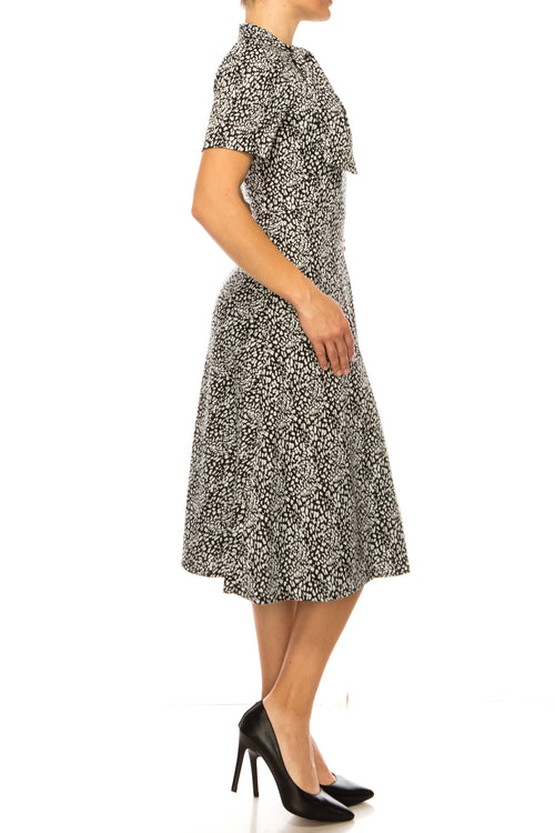 Tie Neck Fit and Flare Print Black White Mock Neck Short Sleeve Side Tie Knit Dress by Maggy London GT506M
