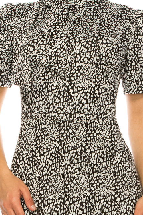 Tie Neck Fit and Flare Print Black White Mock Neck Short Sleeve Side Tie Knit Dress by Maggy London GT506M