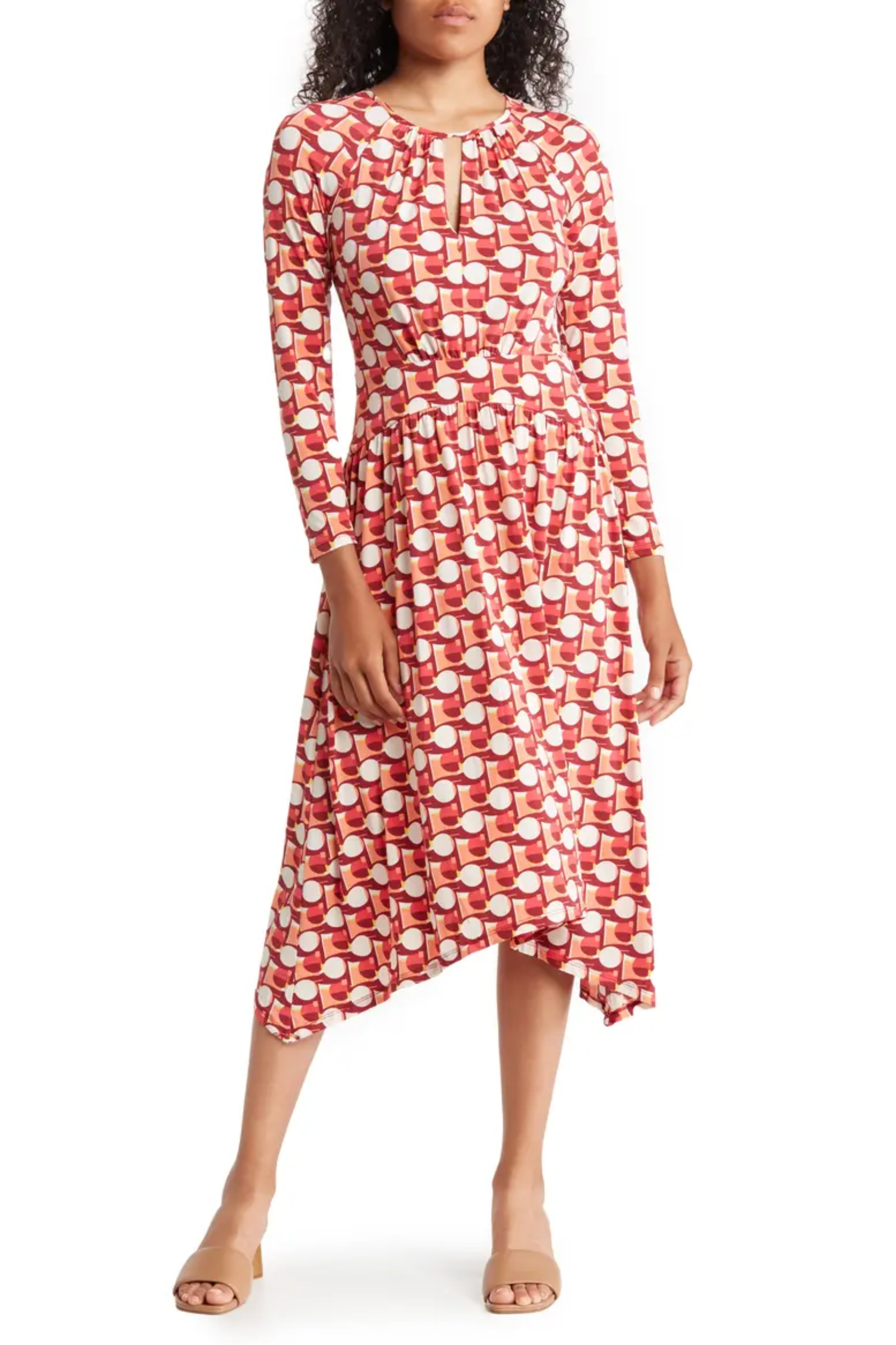 Long Sleeve Abstract Print Wine Coral Round Neckline Sash Belt High Low Jersey Dress by Maggy London GT524M