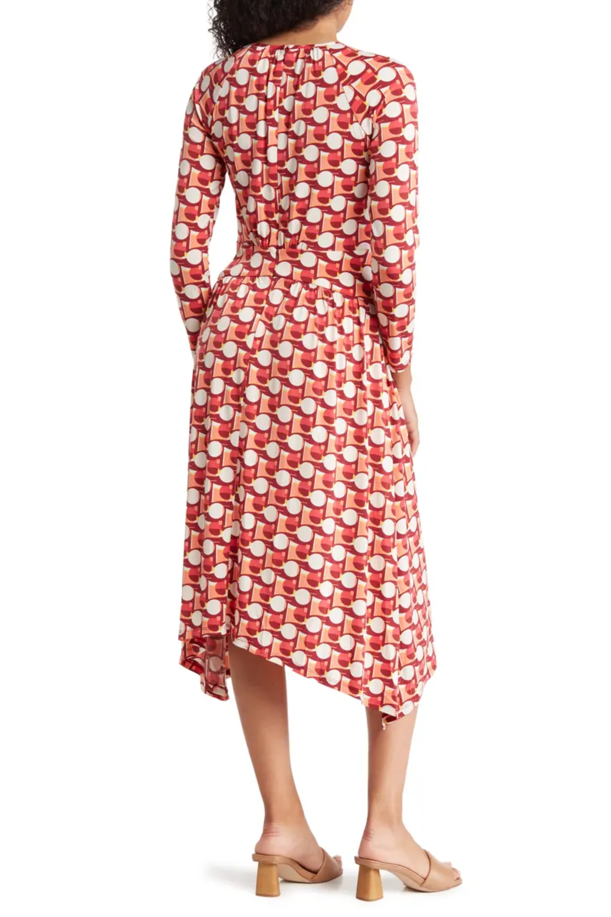 Long Sleeve Abstract Print Wine Coral Round Neckline Sash Belt High Low Jersey Dress by Maggy London GT524M