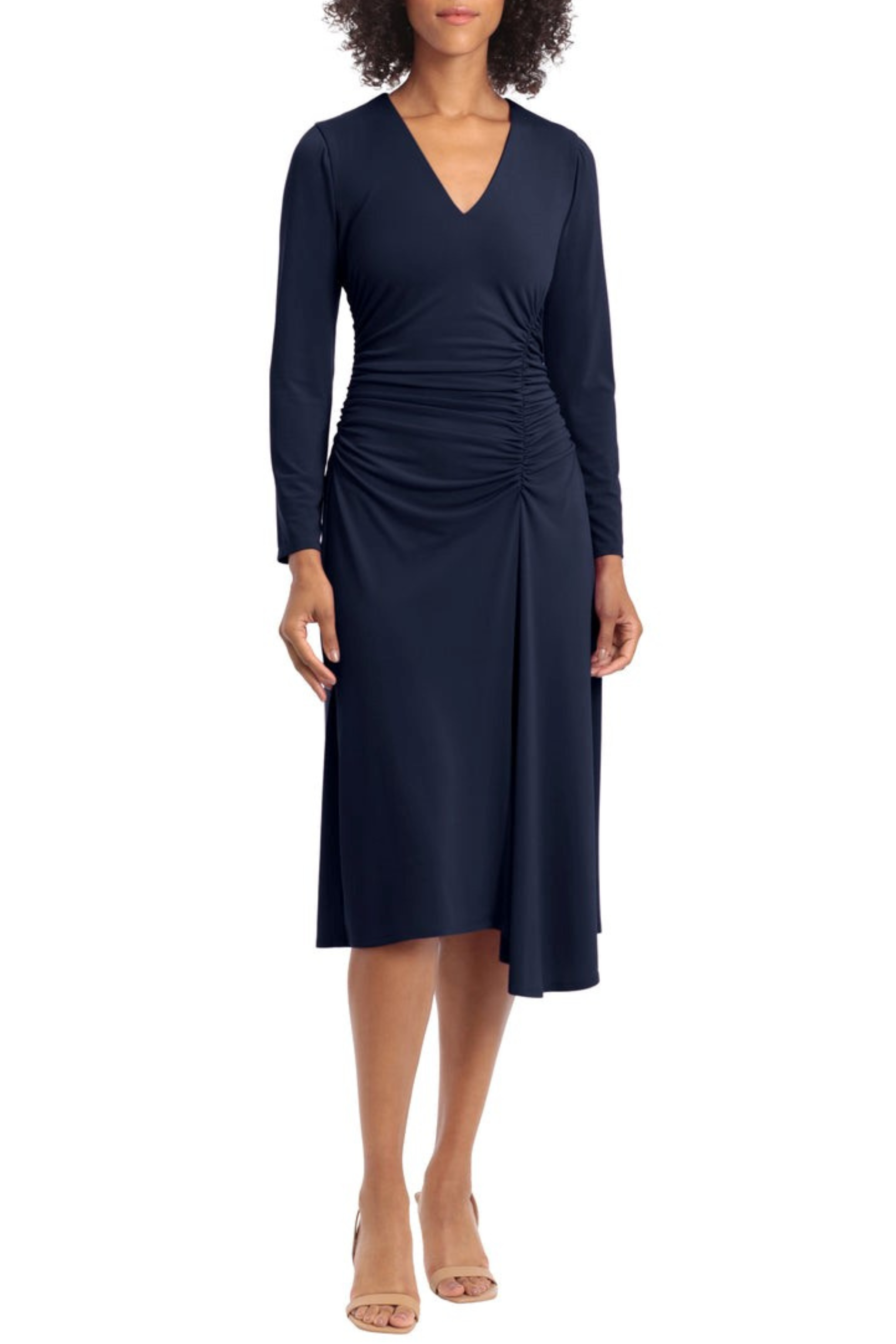 Navy Waist Gather Long Sleeve Midi Twilight Navy V-Neck Jersey A-Line Dress by Maggy London GT577M