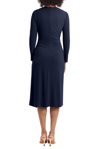 Navy Waist Gather Long Sleeve Midi Twilight Navy V-Neck Jersey A-Line Dress by Maggy London GT577M