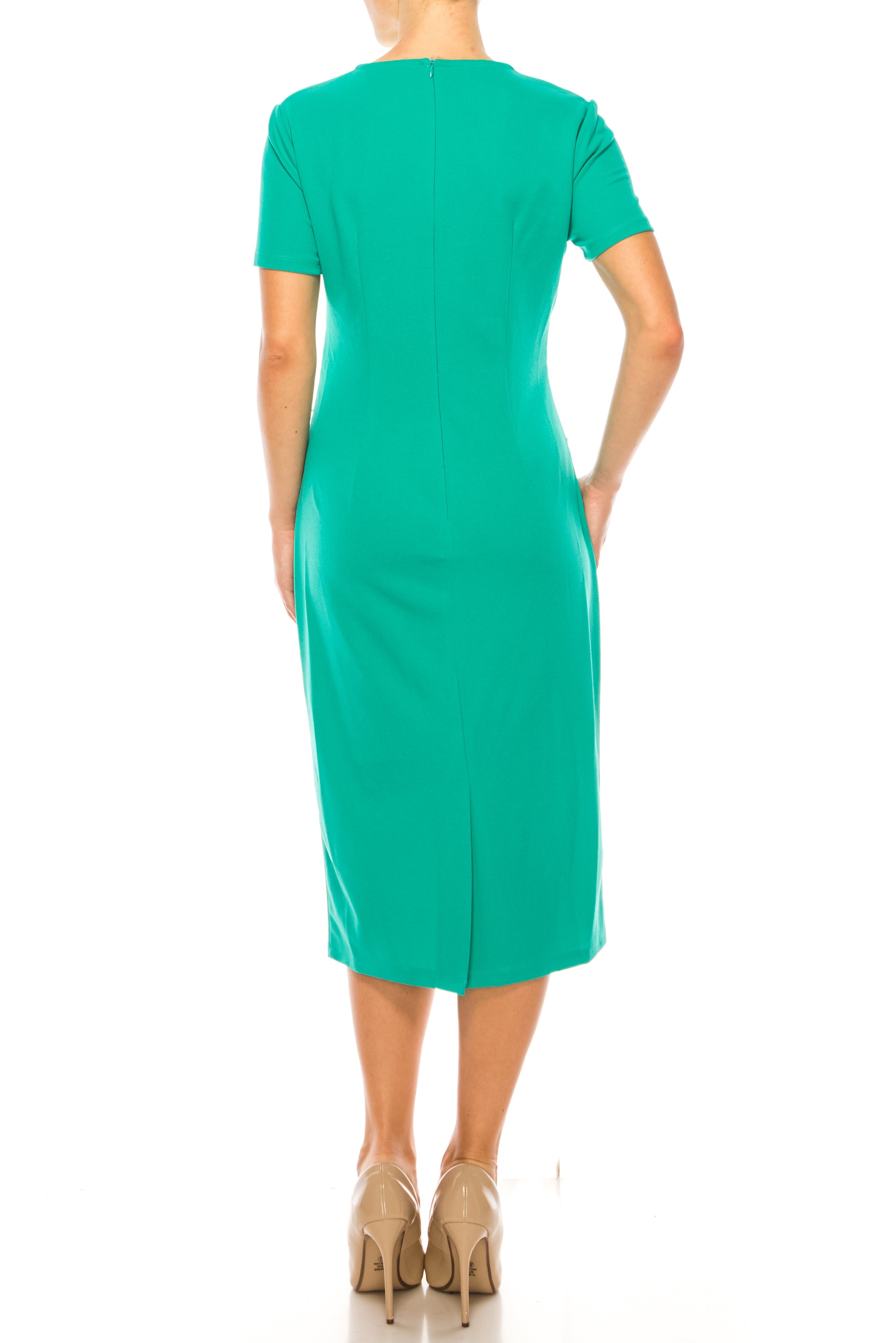 Short Sleeve Ruched Spectra Green Round Neckline Scuba Crepe Sheath Dress by Maggy London GT587M