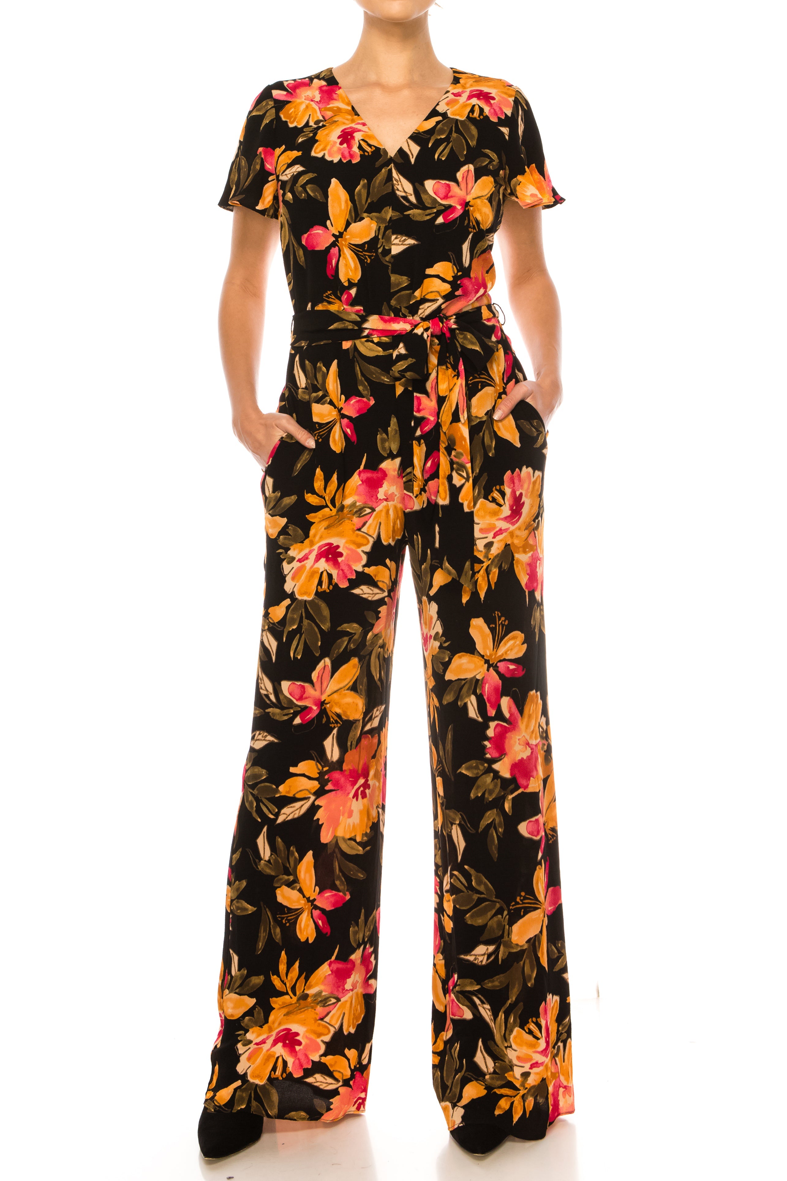 Floral Short Flutter-Sleeve Black Apricot V-Neck Floral Print Sash Belt Pocket Jumpsuit by Maggy London GT743M