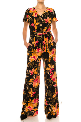 Maggy London GT743M Floral Short Flutter-Sleeve Black Apricot V-Neck Floral Print Sash Belt Pocket Jumpsuit