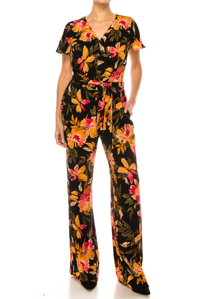 Floral Short Flutter-Sleeve Black Apricot V-Neck Floral Print Sash Belt Pocket Jumpsuit by Maggy London GT743M