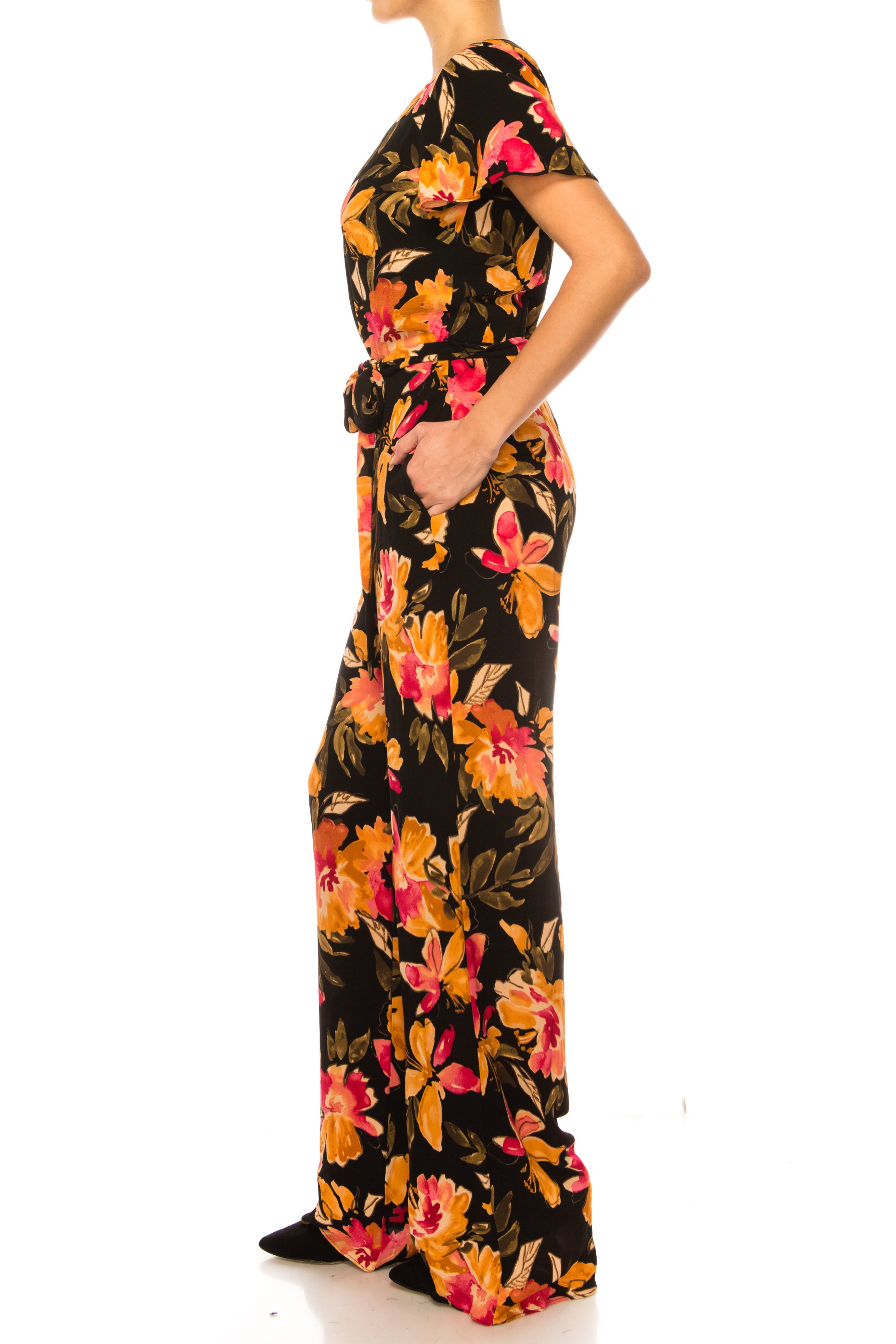 Floral Short Flutter-Sleeve Black Apricot V-Neck Floral Print Sash Belt Pocket Jumpsuit by Maggy London GT743M