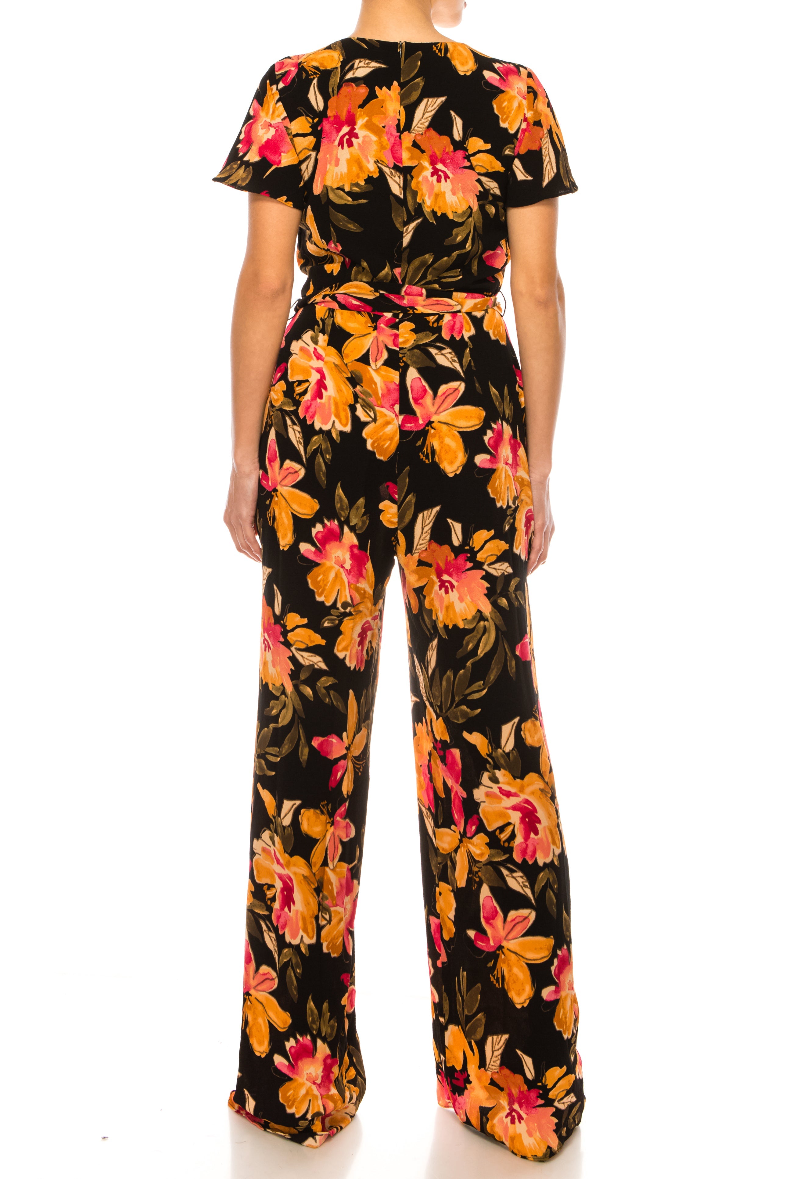 Floral Short Flutter-Sleeve Black Apricot V-Neck Floral Print Sash Belt Pocket Jumpsuit by Maggy London GT743M