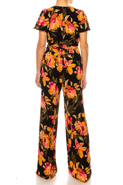 Floral Short Flutter-Sleeve Black Apricot V-Neck Floral Print Sash Belt Pocket Jumpsuit by Maggy London GT743M