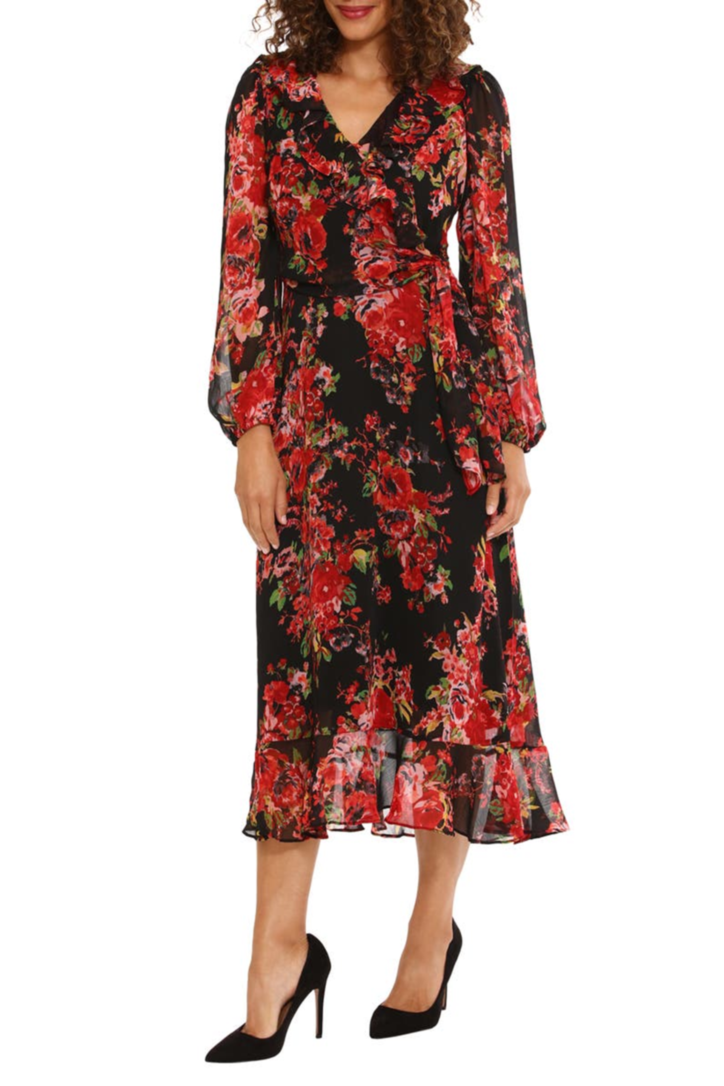 Long Sleeve Floral Faux-Black Red Long Balloon Sleeve Floral Print Side Tie Crinkled Chiffon Wrap Dress by Maggy London T7151M