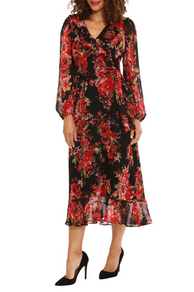 Maggy London T7151M Long Sleeve Floral Faux-Black Red Long Balloon Sleeve Floral Print Side Tie Crinkled Chiffon Wrap Dress