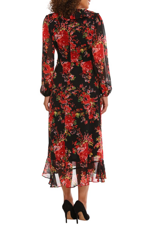 Long Sleeve Floral Faux-Black Red Long Balloon Sleeve Floral Print Side Tie Crinkled Chiffon Wrap Dress by Maggy London T7151M