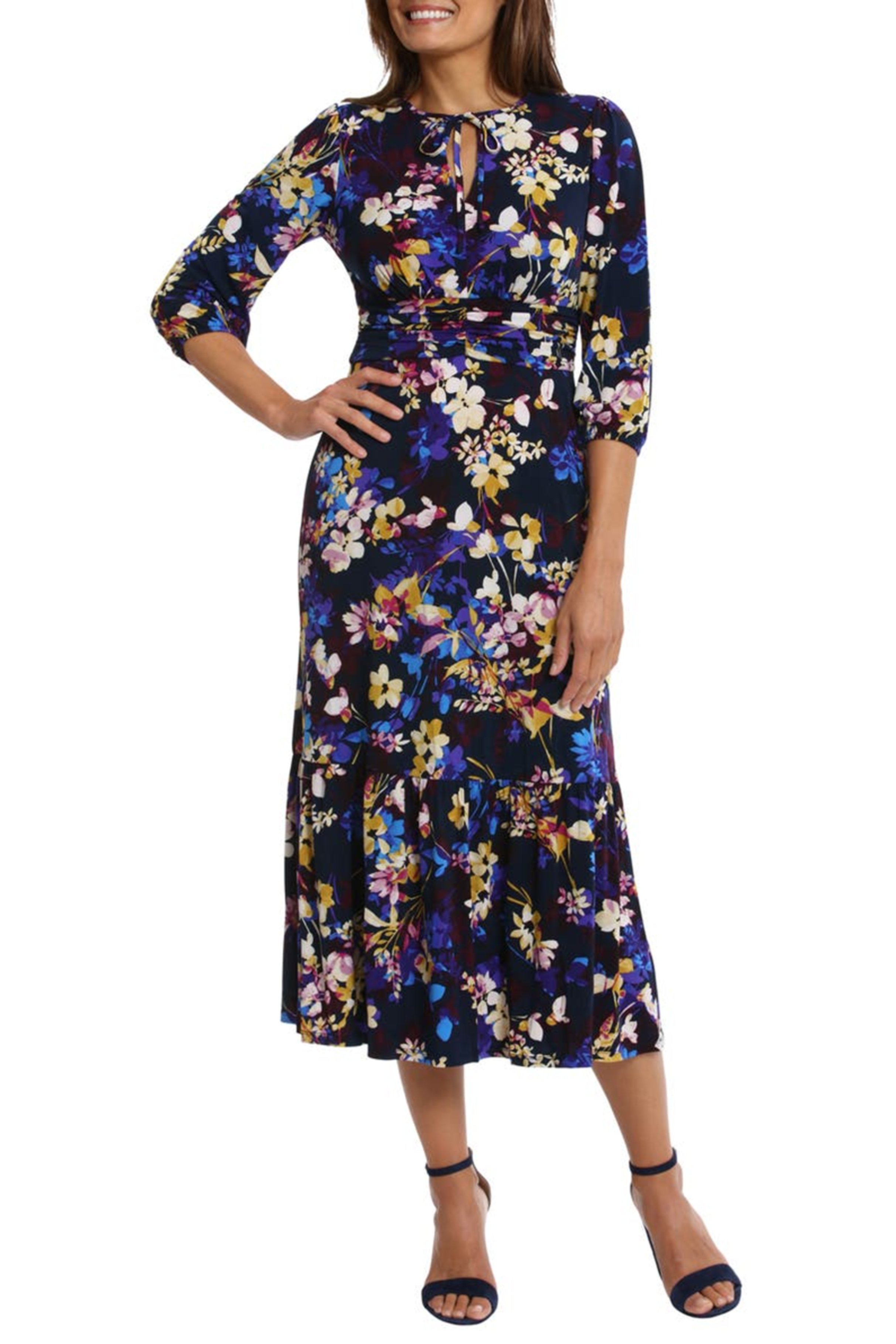 Floral Tiered Navy Purple Gold 3/4 Sleeve Floral Print Ruched Jersey Midi Dress Plus Size by Maggy London T7167W
