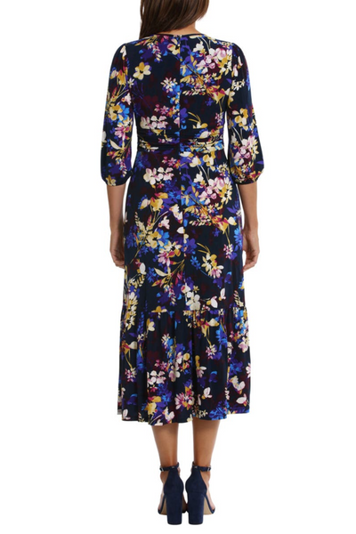 Floral Tie-Neck Pleated Waist Navy Purple Gold Keyhole Neckline Floral Print Jersey Dress by Maggy London T7167M