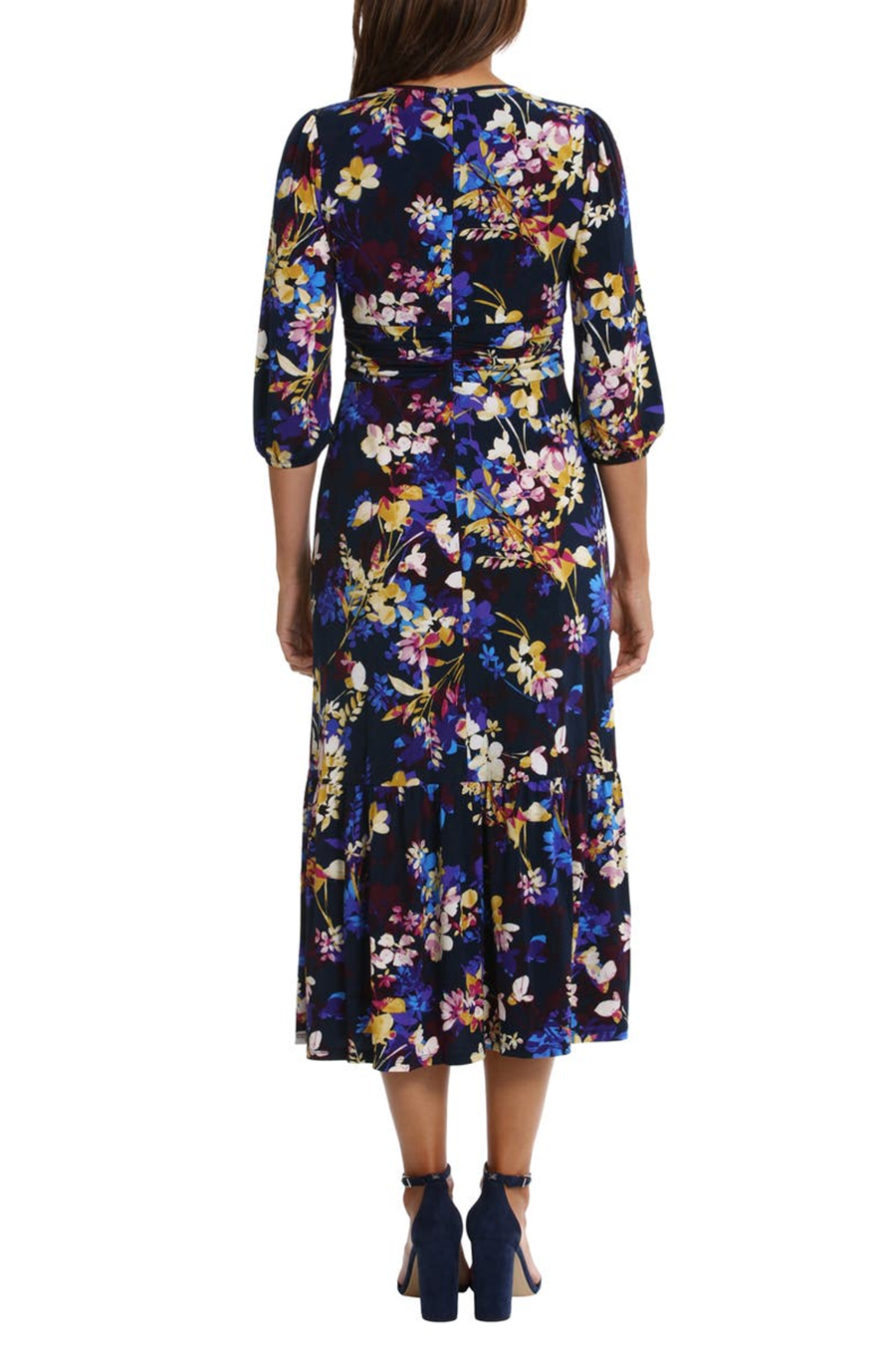 Floral Tiered Navy Purple Gold 3/4 Sleeve Floral Print Ruched Jersey Midi Dress Plus Size by Maggy London T7167W
