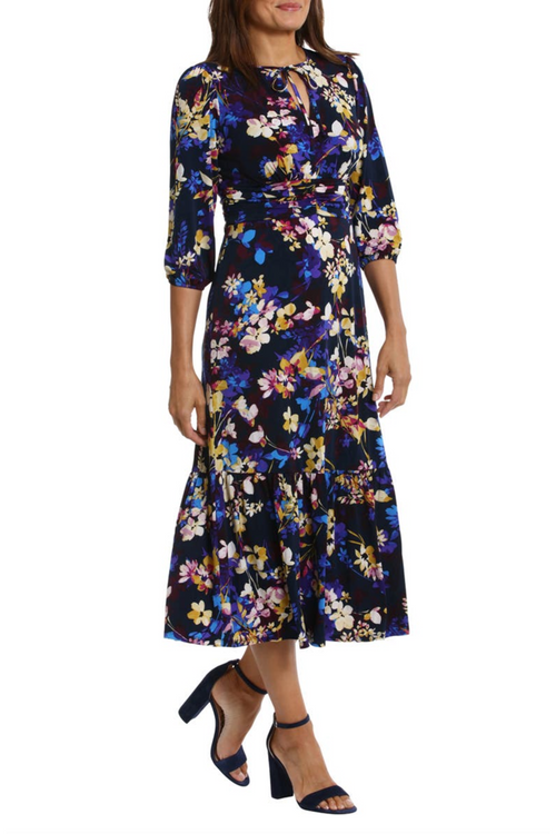 Floral Tie-Neck Pleated Waist Navy Purple Gold Keyhole Neckline Floral Print Jersey Dress by Maggy London T7167M