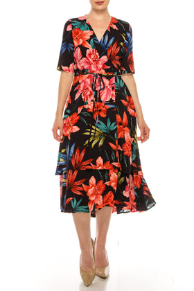 Maison Tara 91071M Floral Print Illusion Wrap Midi Dress