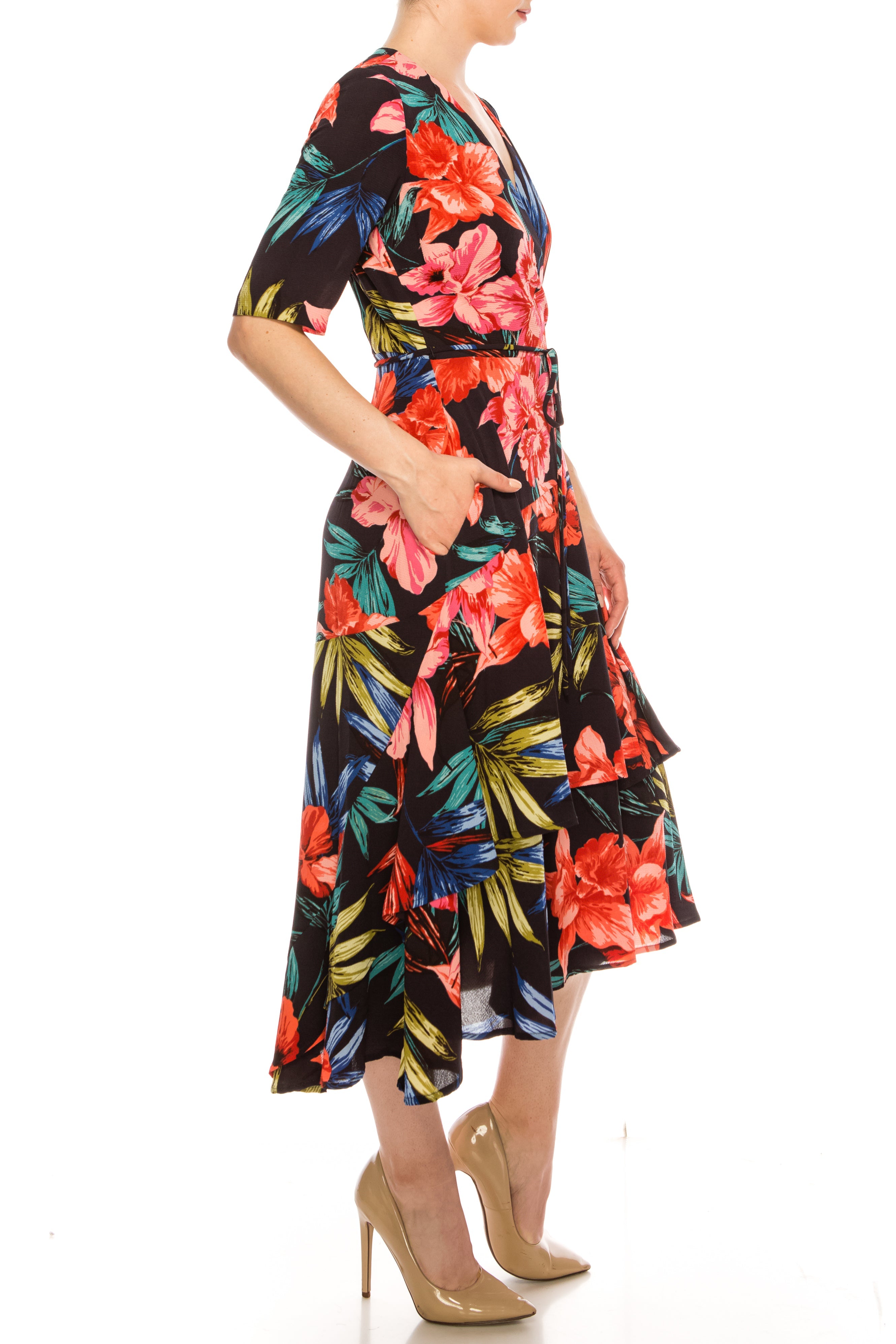 Maison Tara 91071M Floral Print Illusion Wrap Midi Dress
