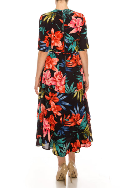 Maison Tara 91071M Floral Print Illusion Wrap Midi Dress