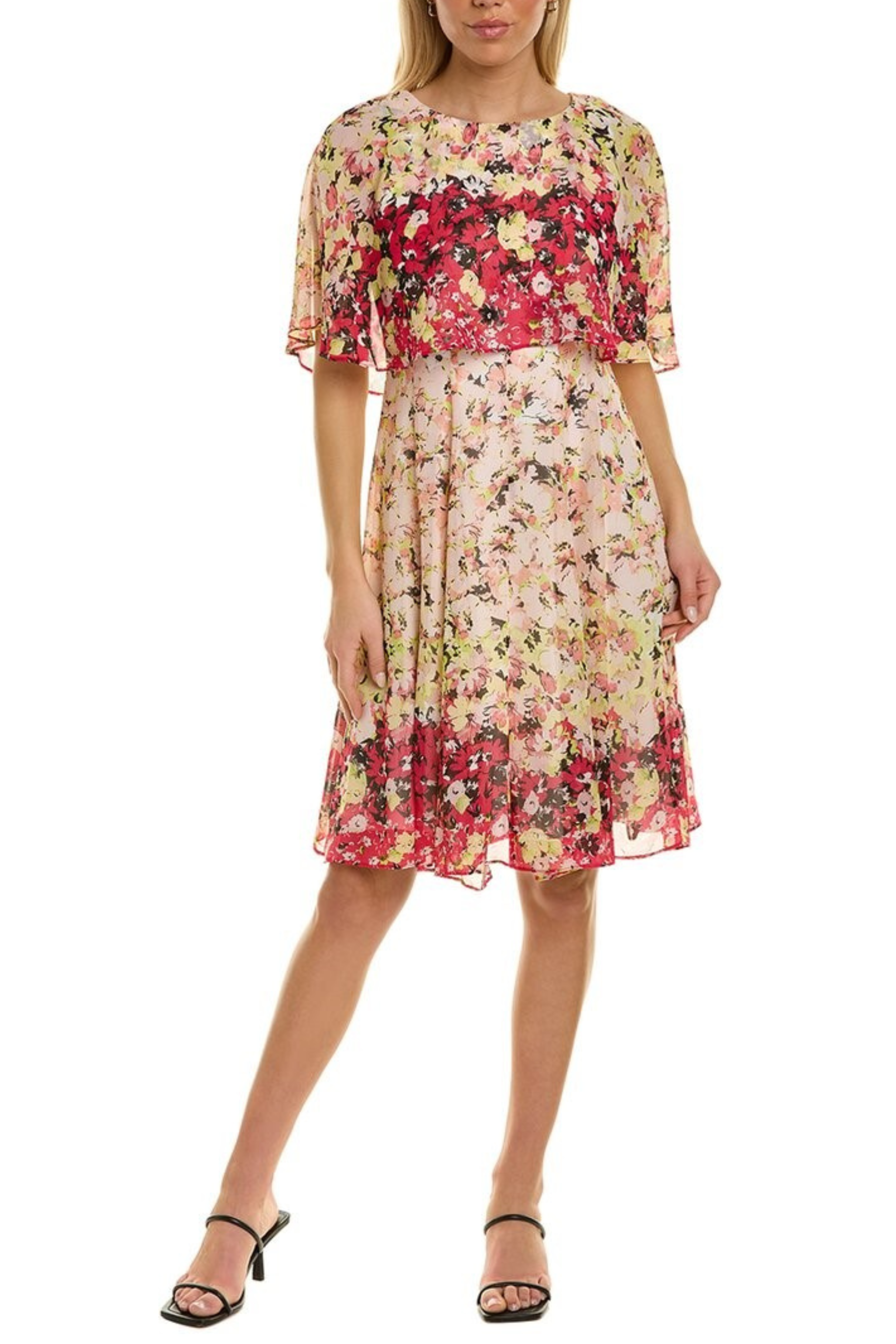 Maison Tara 30474MA Pink Purple Floral Print Short Sleeve Cape Fit and Flare Dress